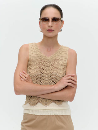 Openwork two-tone knit top 9061
