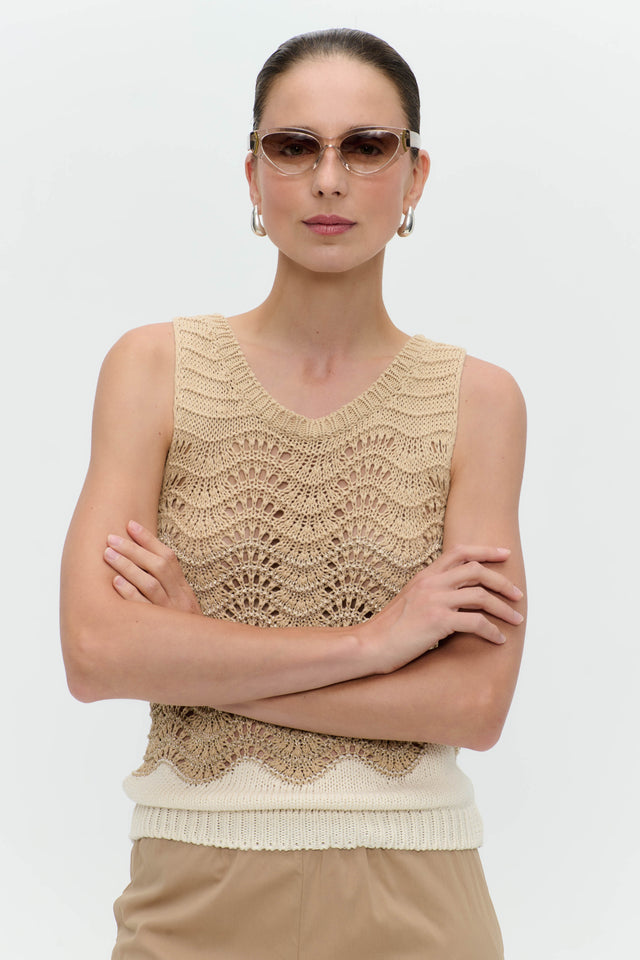 Openwork two-tone knit top 9061
