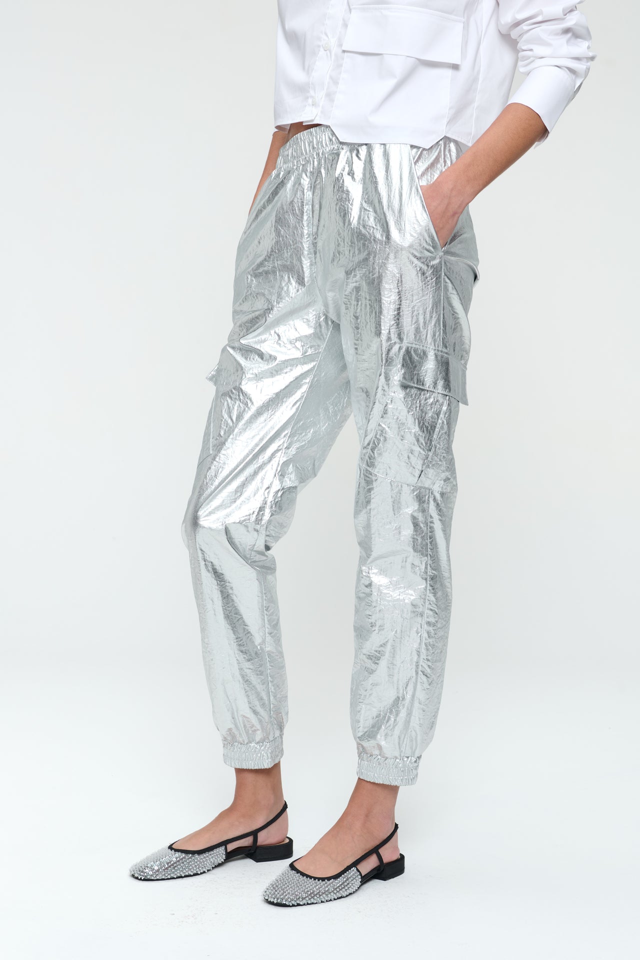 Alex silver shine foil pants