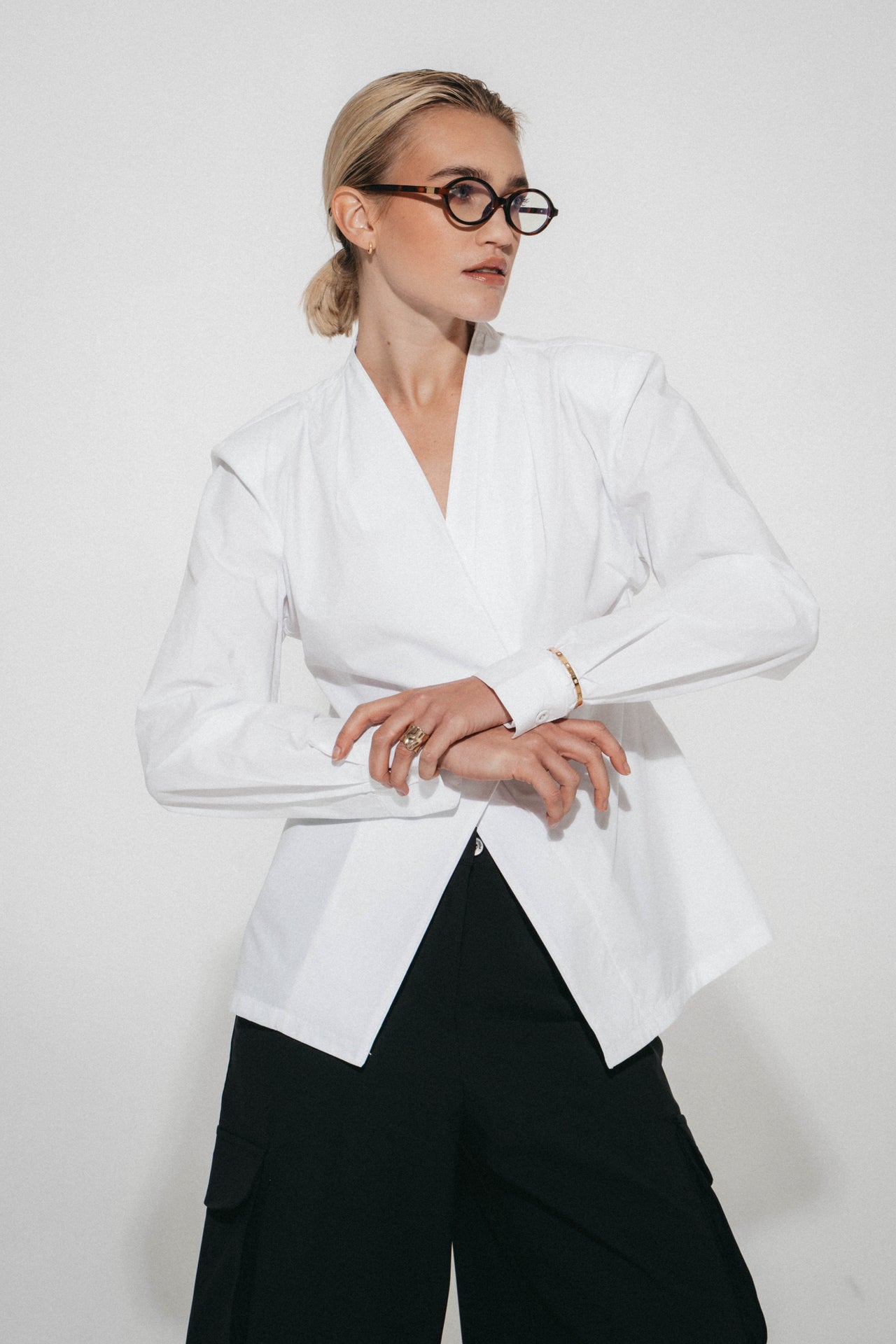 Asymmetric wrap poplin blouse
