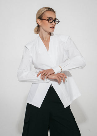 Asymmetric wrap poplin blouse
