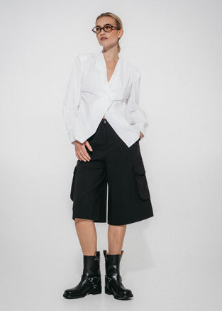 Asymmetric wrap poplin blouse