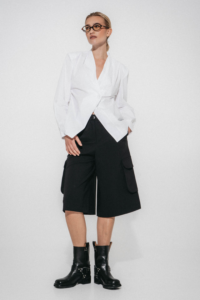 Asymmetric wrap poplin blouse